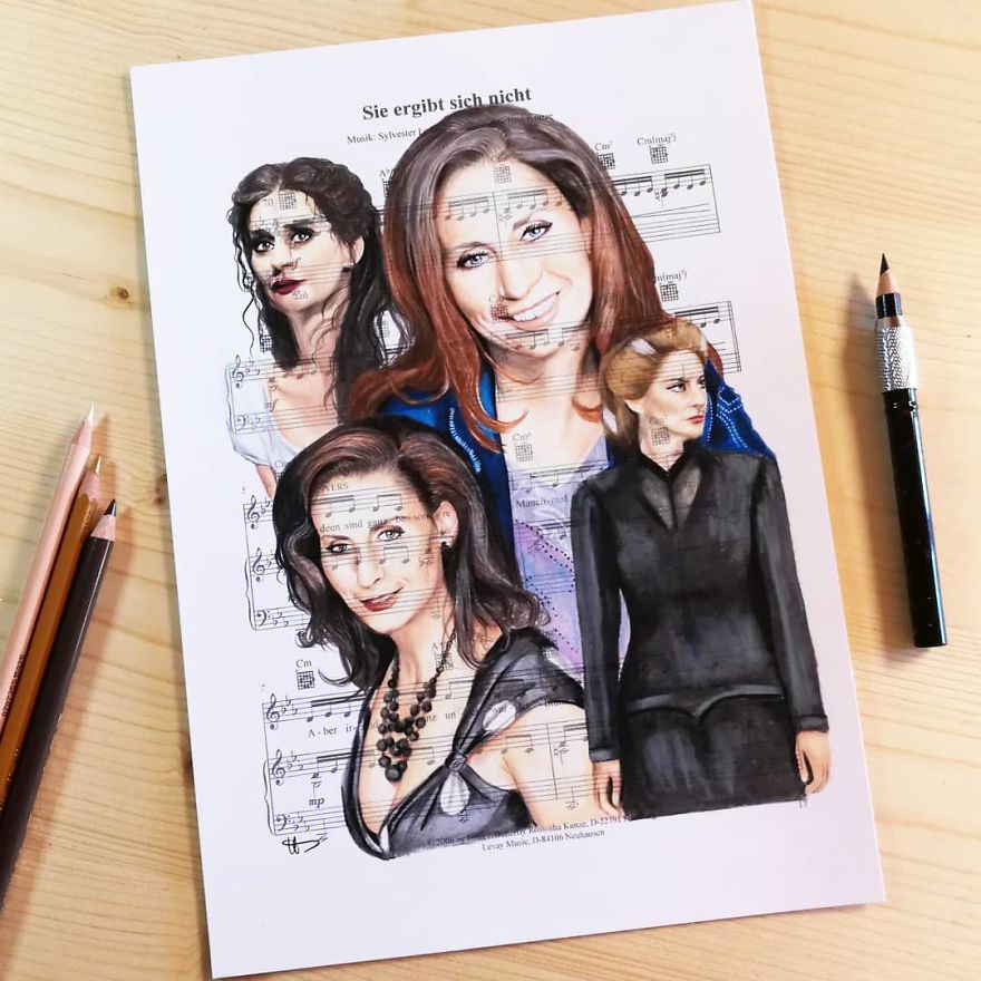Artist Draws Disney Characters And Popular Singers On Sheet Music By Her Songs (New Pics)