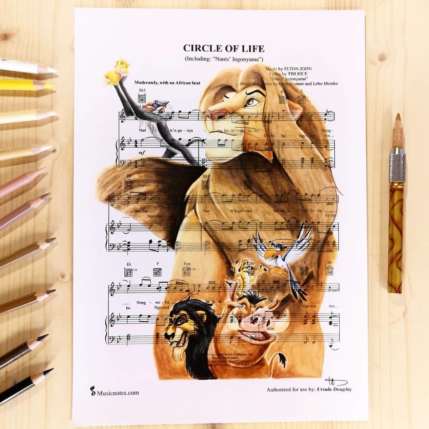 Artist Draws Disney Characters And Popular Singers On Sheet Music By Her Songs (New Pics)
