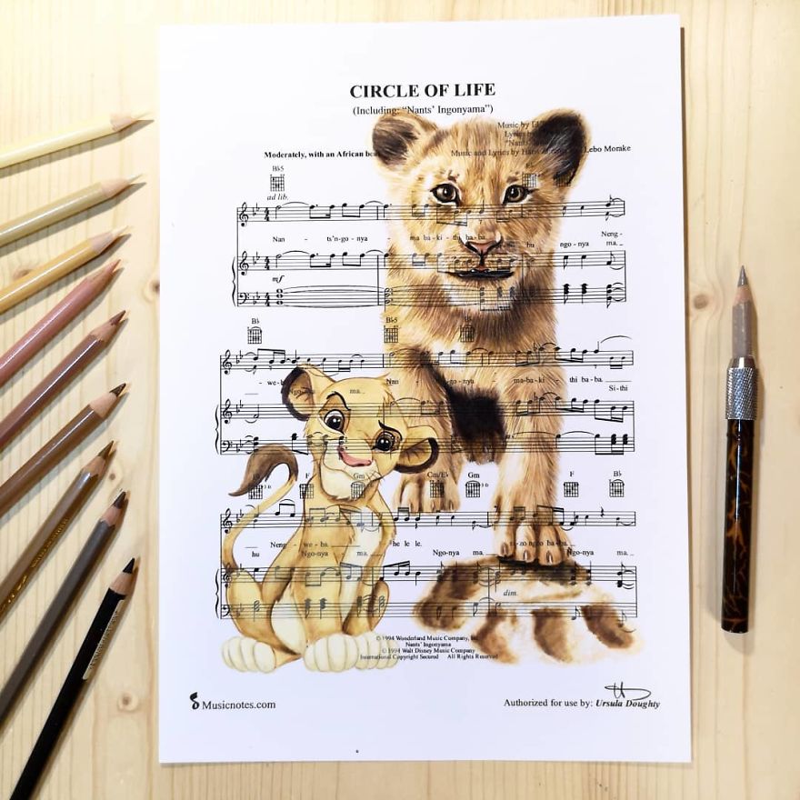 Artist Draws Disney Characters And Popular Singers On Sheet Music By Her Songs (New Pics)