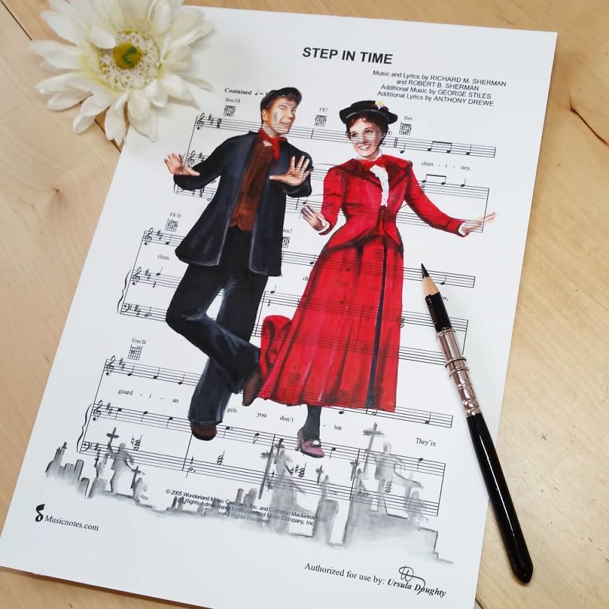 Artist Draws Disney Characters And Popular Singers On Sheet Music By Her Songs (New Pics)