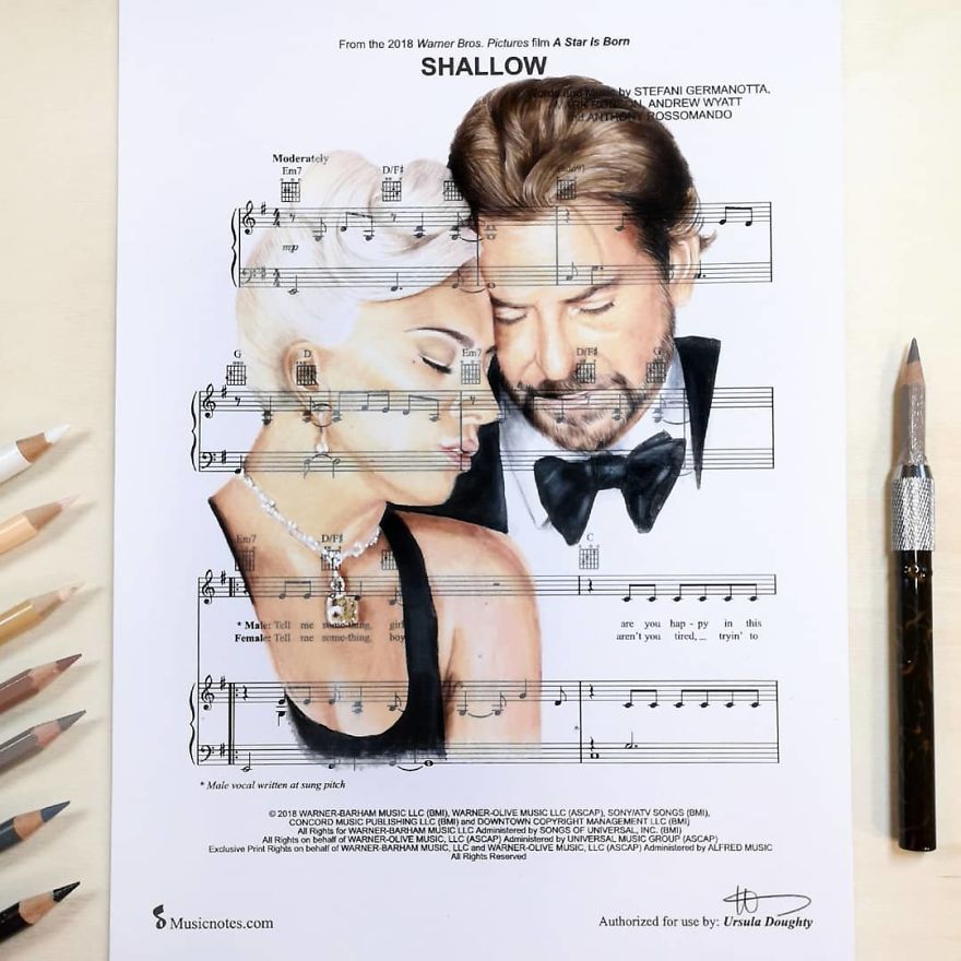 Artist Draws Disney Characters And Popular Singers On Sheet Music By Her Songs (New Pics)