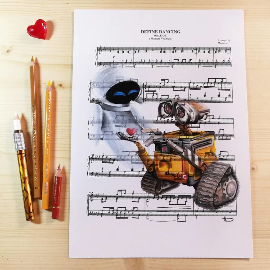 Artist Draws Disney Characters And Popular Singers On Sheet Music By Her Songs (New Pics)