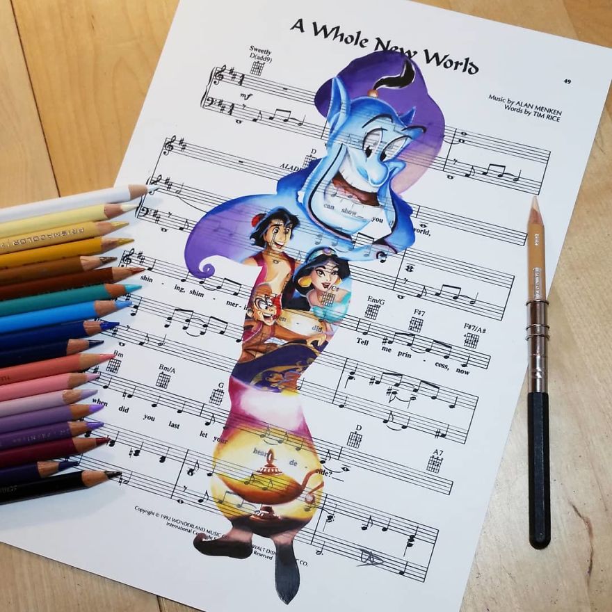Artist Draws Disney Characters And Popular Singers On Sheet Music By Her Songs (New Pics)
