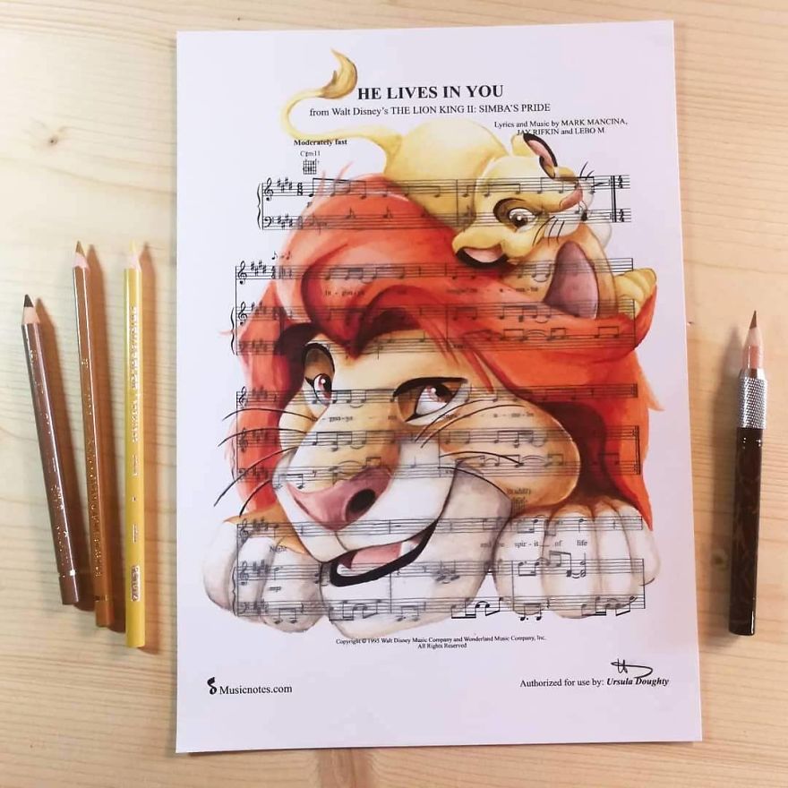 Artist Draws Disney Characters And Popular Singers On Sheet Music By Her Songs (New Pics)