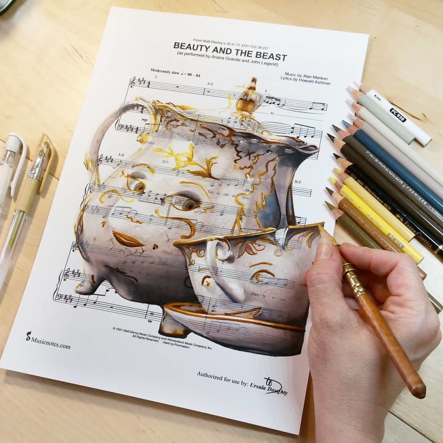 Artist Draws Disney Characters And Popular Singers On Sheet Music By Her Songs (New Pics)