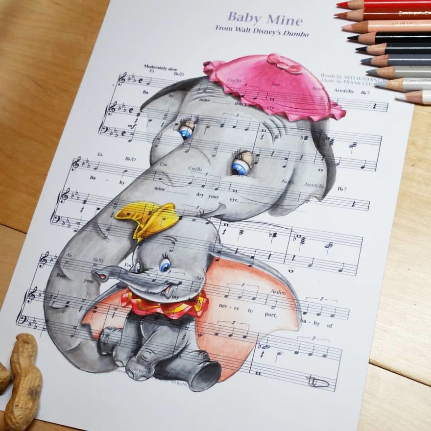 Artist Draws Disney Characters And Popular Singers On Sheet Music By Her Songs (New Pics)