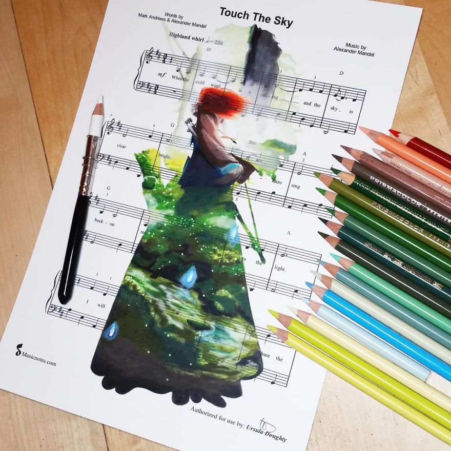 Artist Draws Disney Characters And Popular Singers On Sheet Music By Her Songs (New Pics)