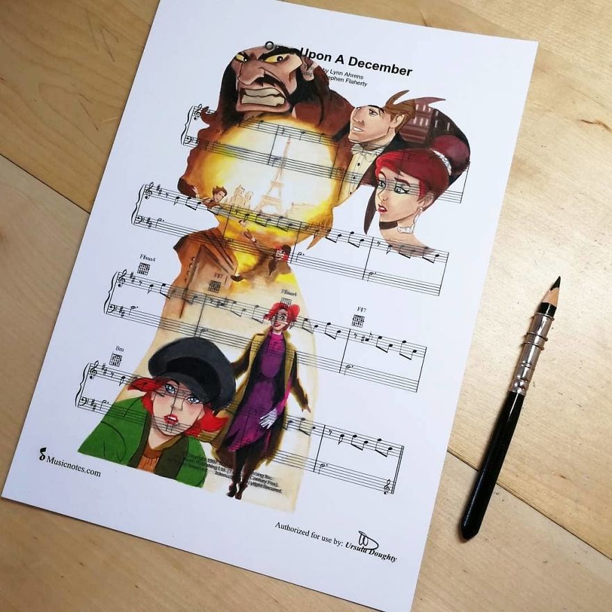 Artist Draws Disney Characters And Popular Singers On Sheet Music By Her Songs (New Pics)