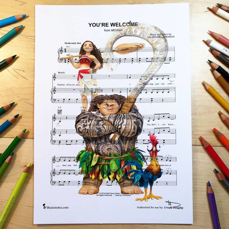Artist Draws Disney Characters And Popular Singers On Sheet Music By Her Songs (New Pics)