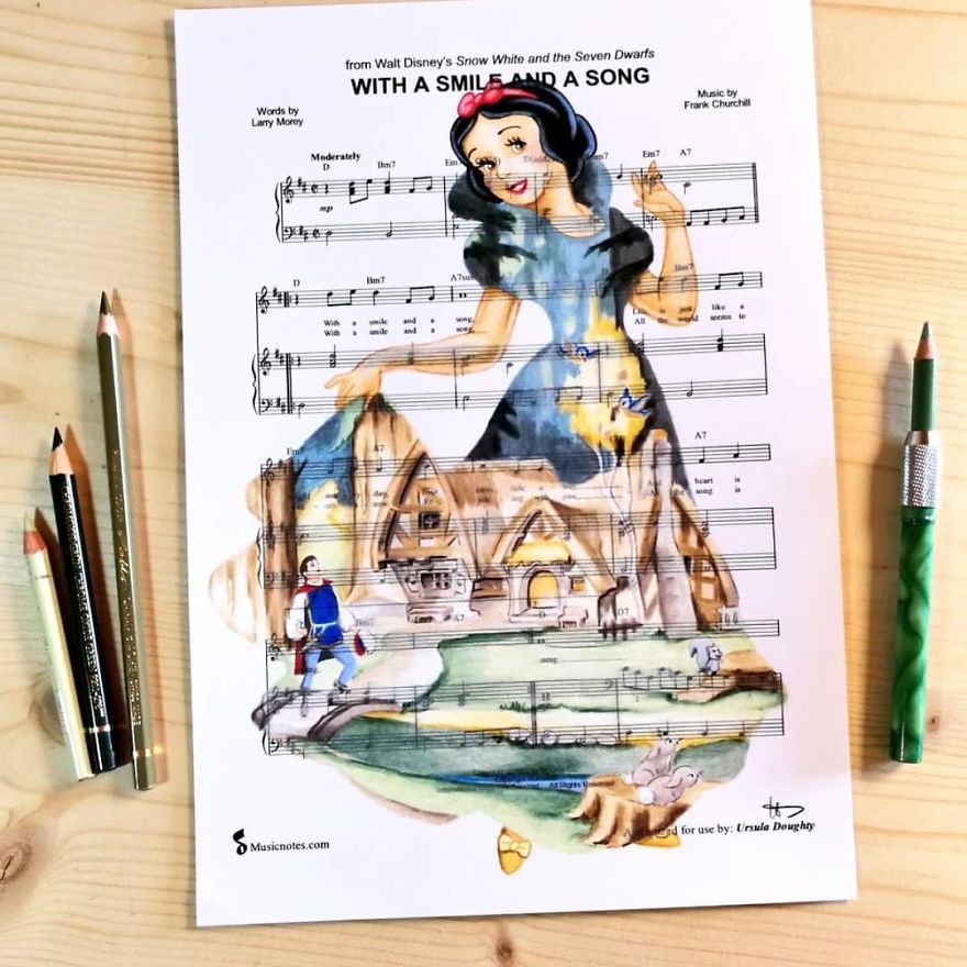 Artist Draws Disney Characters And Popular Singers On Sheet Music By Her Songs (New Pics)