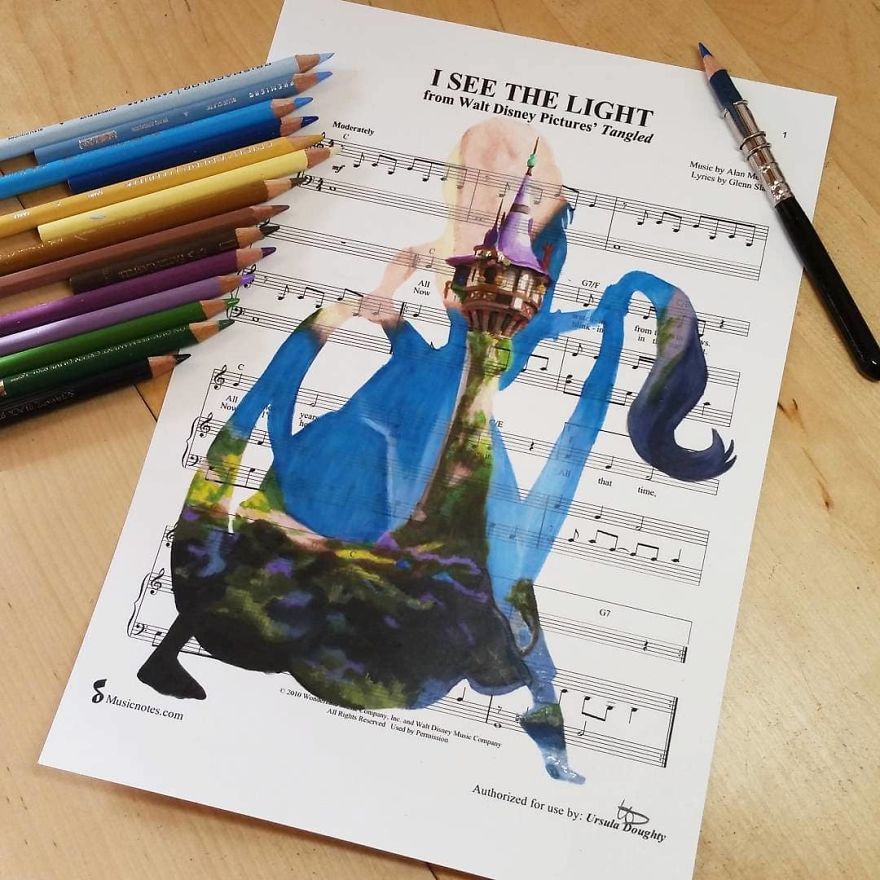 Artist Draws Disney Characters And Popular Singers On Sheet Music By Her Songs (New Pics)