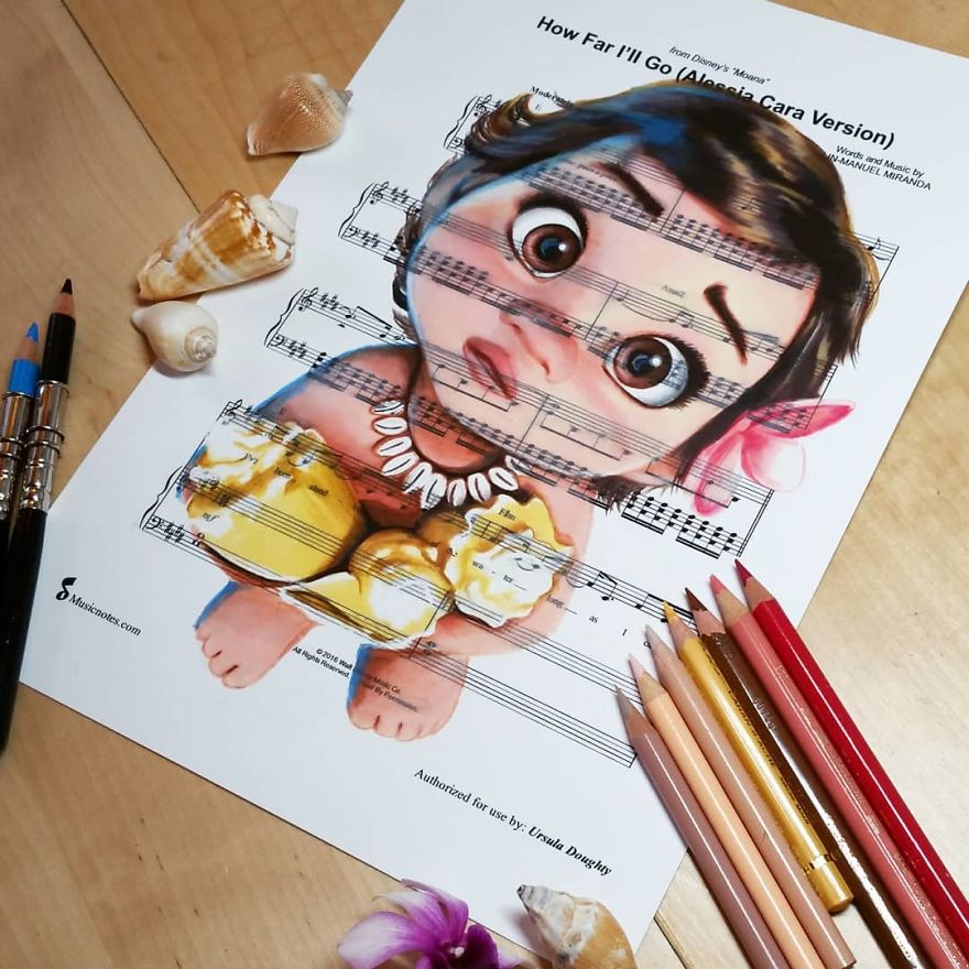 Artist Draws Disney Characters And Popular Singers On Sheet Music By Her Songs (New Pics)