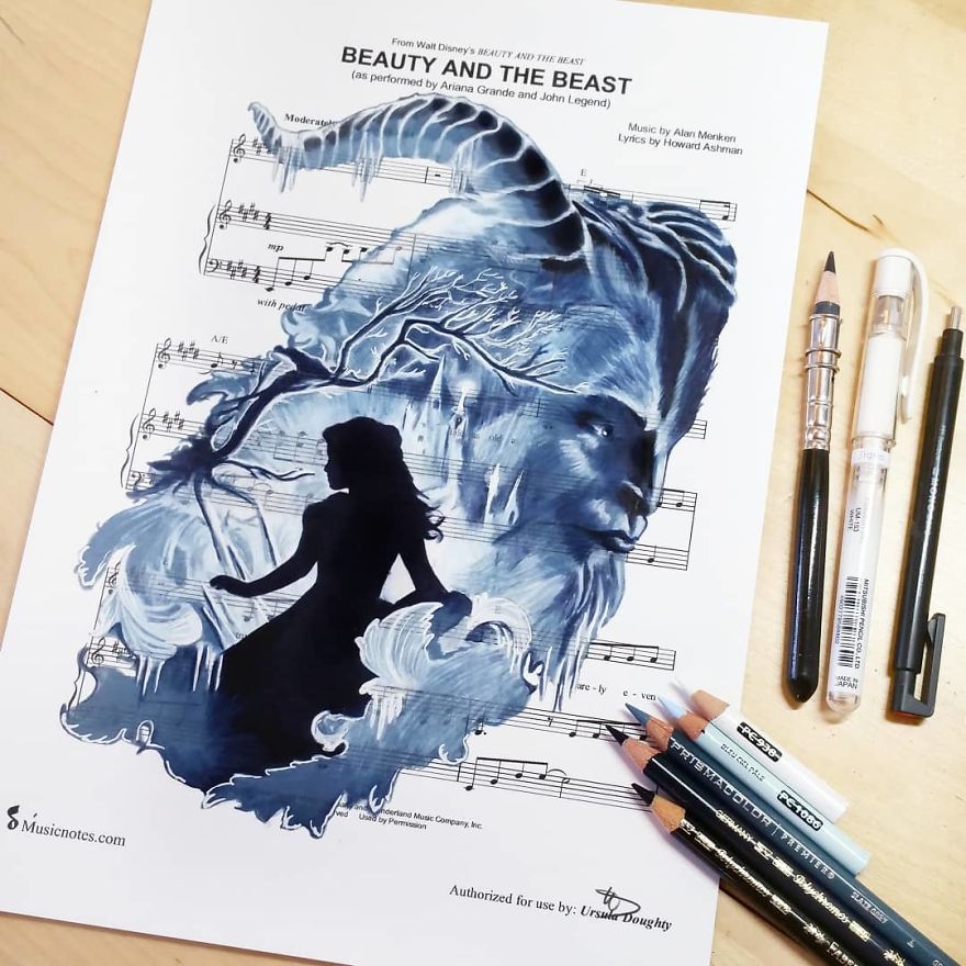 Artist Draws Disney Characters And Popular Singers On Sheet Music By Her Songs (New Pics)