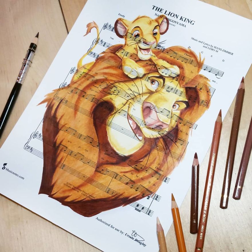 Artist Draws Disney Characters And Popular Singers On Sheet Music By Her Songs (New Pics)