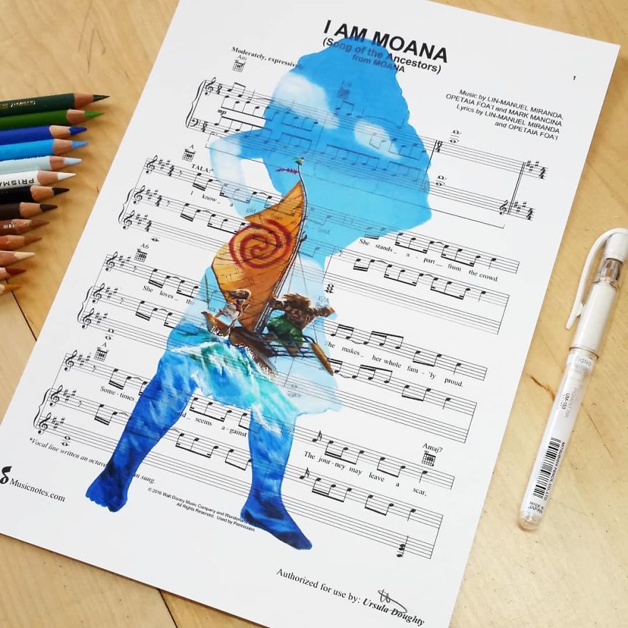 Artist Draws Disney Characters And Popular Singers On Sheet Music By Her Songs (New Pics)