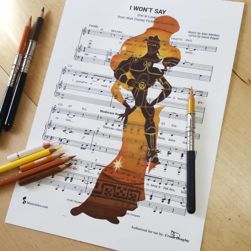 Artist Draws Disney Characters And Popular Singers On Sheet Music By Her Songs (New Pics)