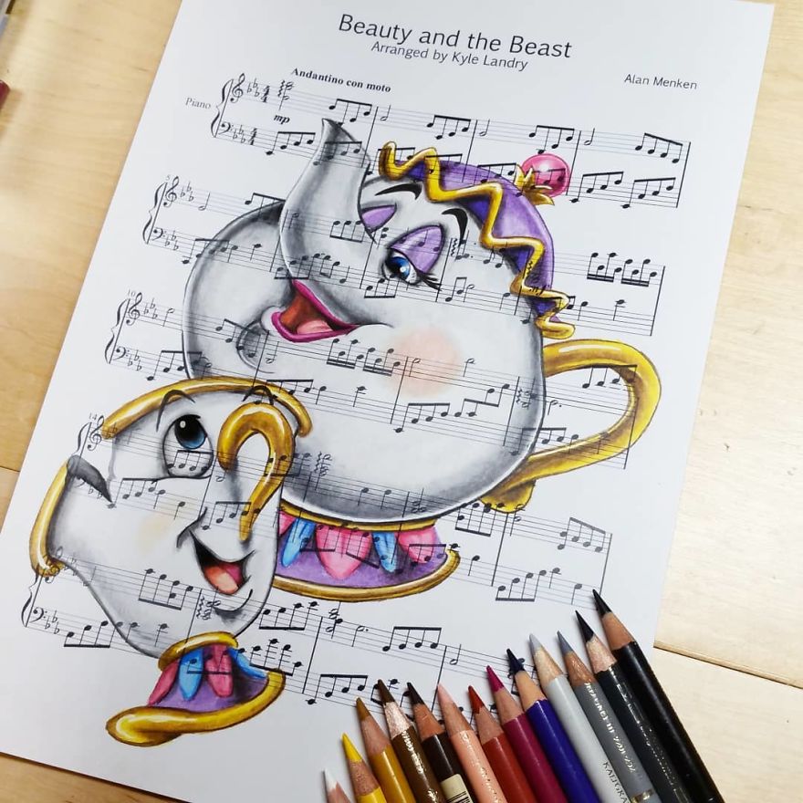 Artist Draws Disney Characters And Popular Singers On Sheet Music By Her Songs (New Pics)