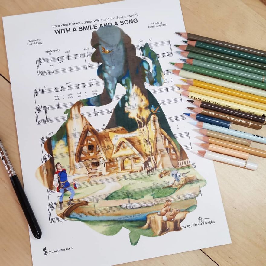 Artist Draws Disney Characters And Popular Singers On Sheet Music By Her Songs (New Pics)