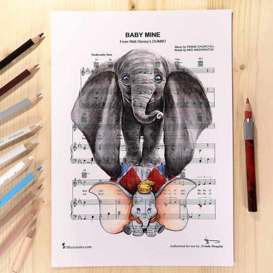 Artist Draws Disney Characters And Popular Singers On Sheet Music By Her Songs (New Pics)