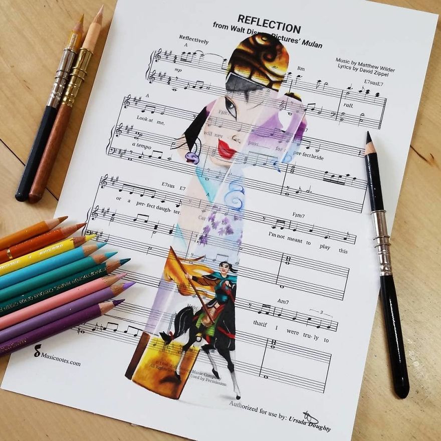 Artist Draws Disney Characters And Popular Singers On Sheet Music By Her Songs (New Pics)