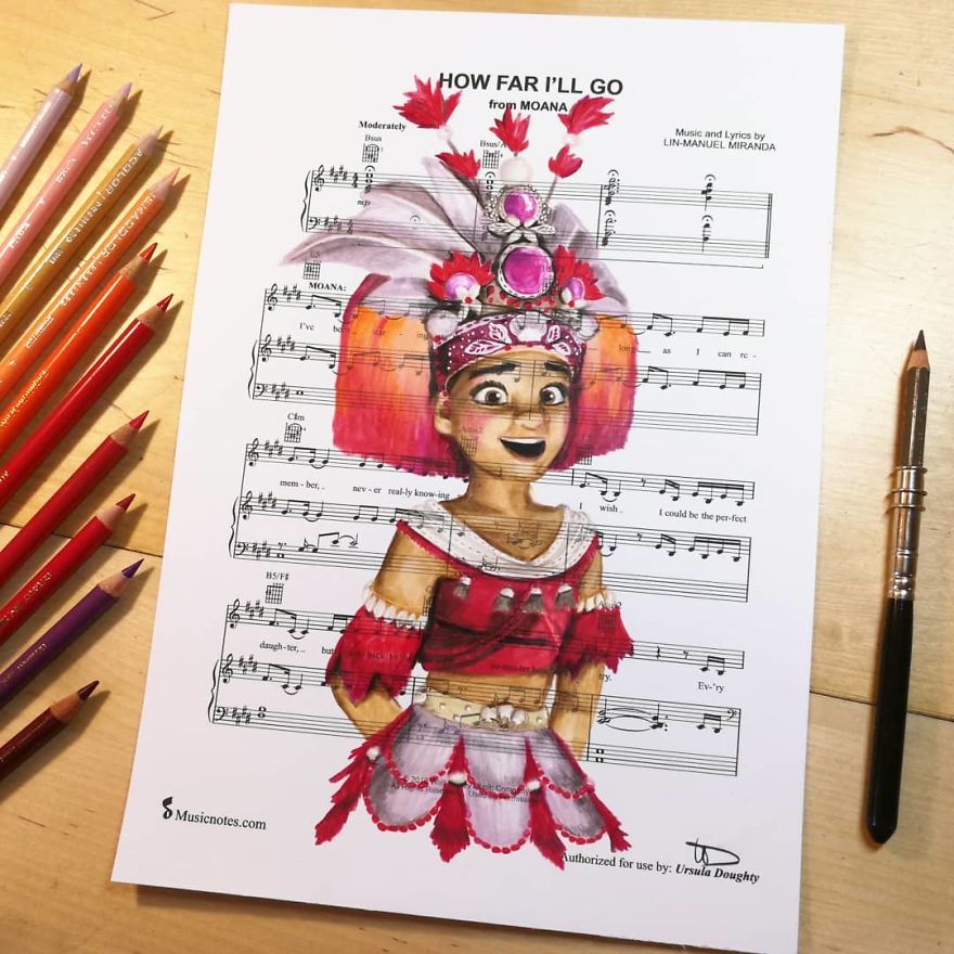 Artist Draws Disney Characters And Popular Singers On Sheet Music By Her Songs (New Pics)