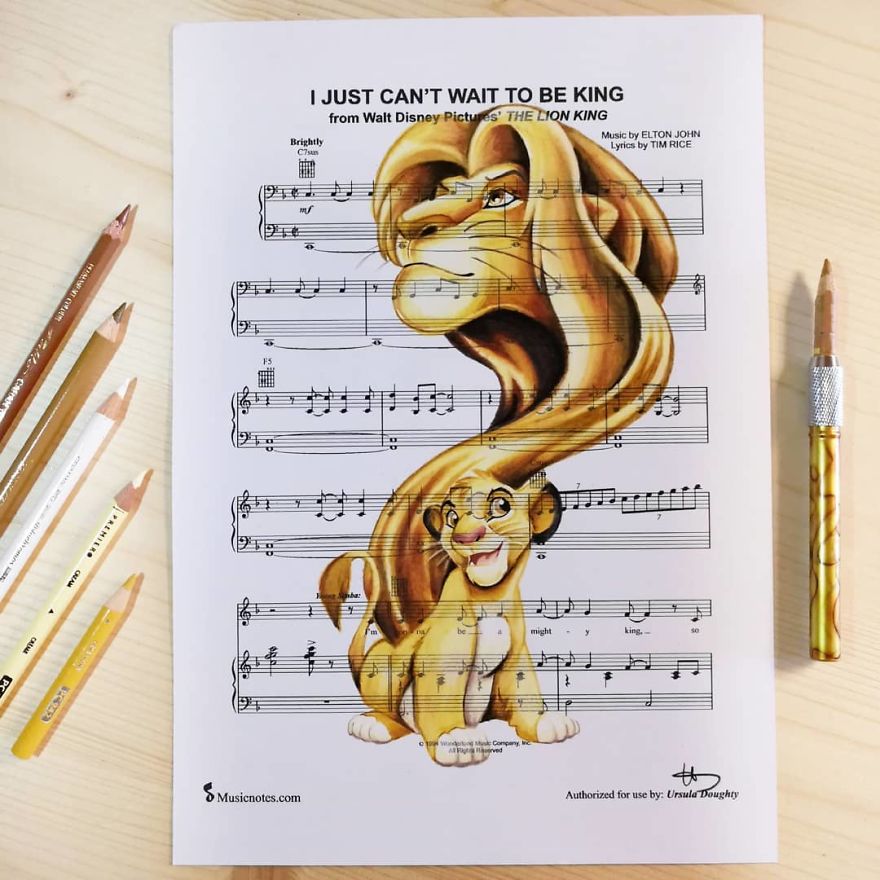 Artist Draws Disney Characters And Popular Singers On Sheet Music By Her Songs (New Pics)