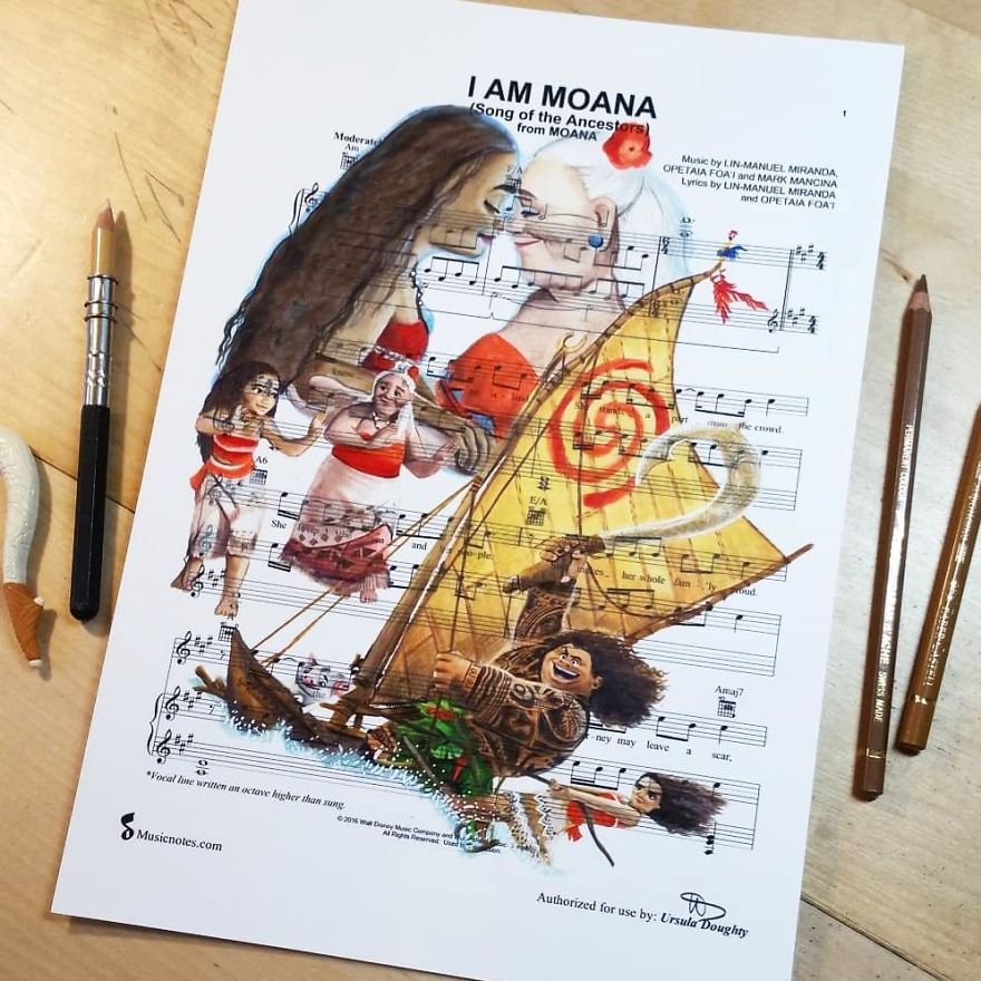 Artist Draws Disney Characters And Popular Singers On Sheet Music By Her Songs (New Pics)