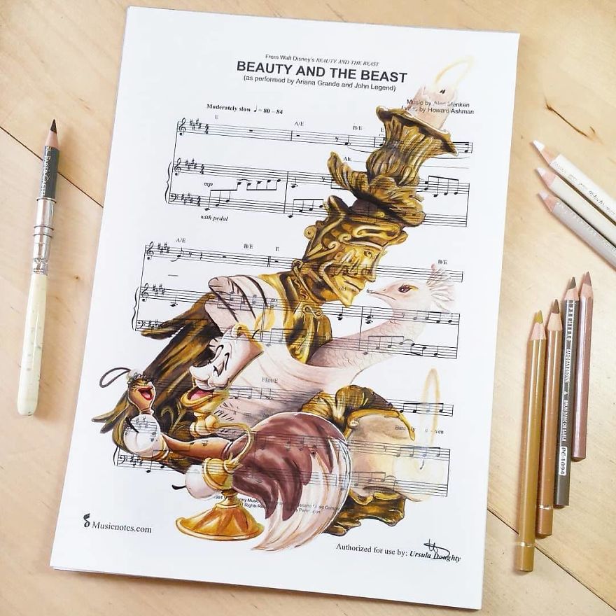 Artist Draws Disney Characters And Popular Singers On Sheet Music By Her Songs (New Pics)