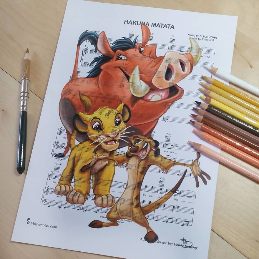 Artist Draws Disney Characters And Popular Singers On Sheet Music By Her Songs (New Pics)