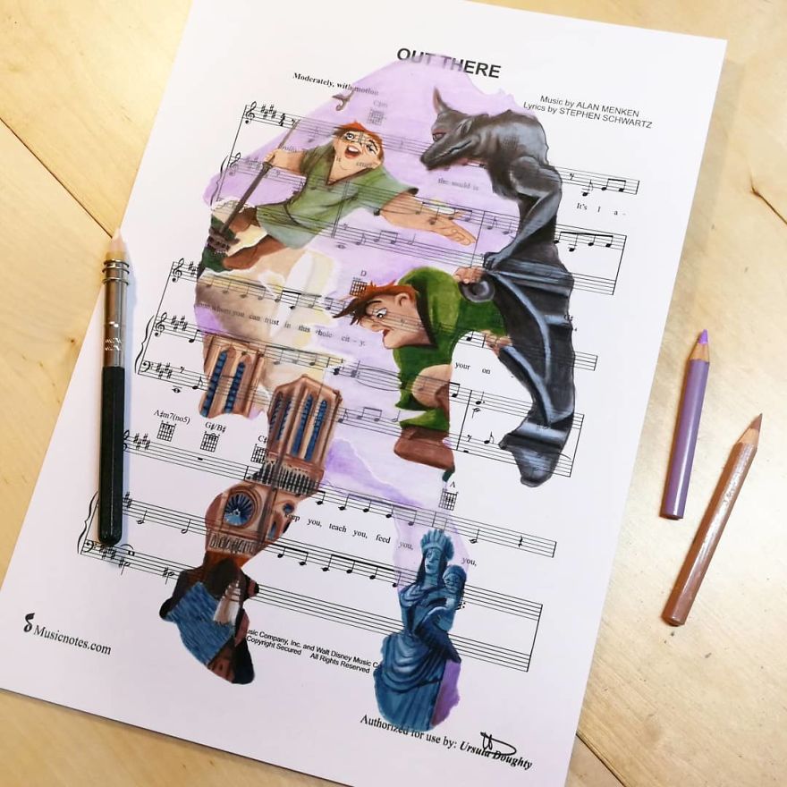 Artist Draws Disney Characters And Popular Singers On Sheet Music By Her Songs (New Pics)