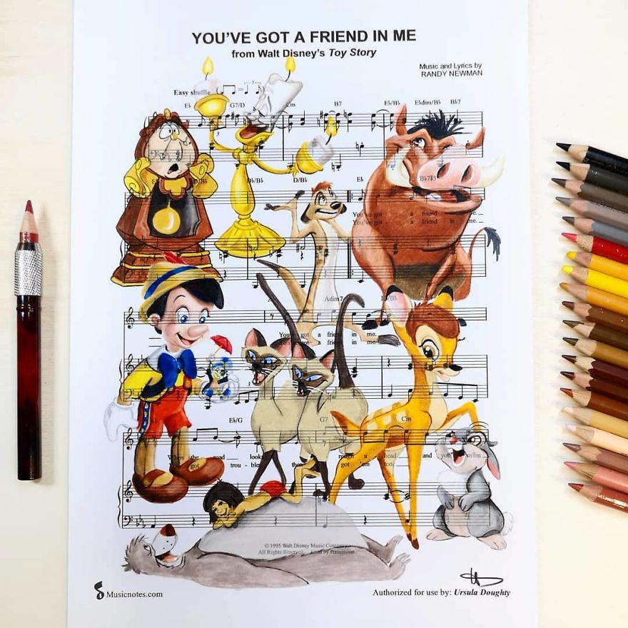 Artist Draws Disney Characters And Popular Singers On Sheet Music By Her Songs (New Pics)