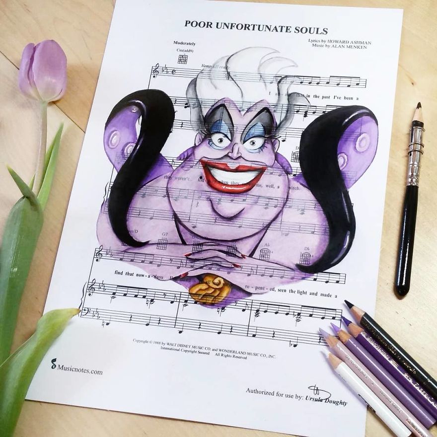 Artist Draws Disney Characters And Popular Singers On Sheet Music By Her Songs (New Pics)