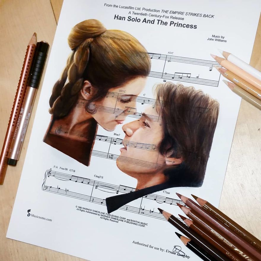 Artist Draws Disney Characters And Popular Singers On Sheet Music By Her Songs (New Pics)