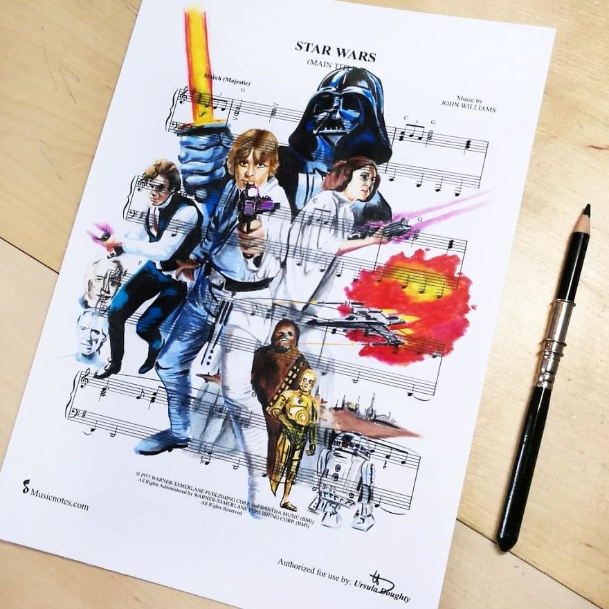 Artist Draws Disney Characters And Popular Singers On Sheet Music By Her Songs (New Pics)