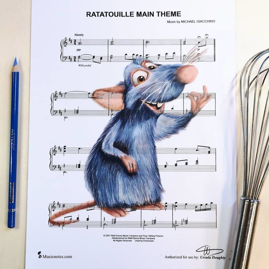 Artist Draws Disney Characters And Popular Singers On Sheet Music By Her Songs (New Pics)