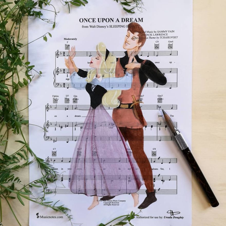 Artist Draws Disney Characters And Popular Singers On Sheet Music By Her Songs (New Pics)