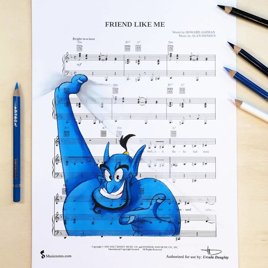 Artist Draws Disney Characters And Popular Singers On Sheet Music By Her Songs (New Pics)