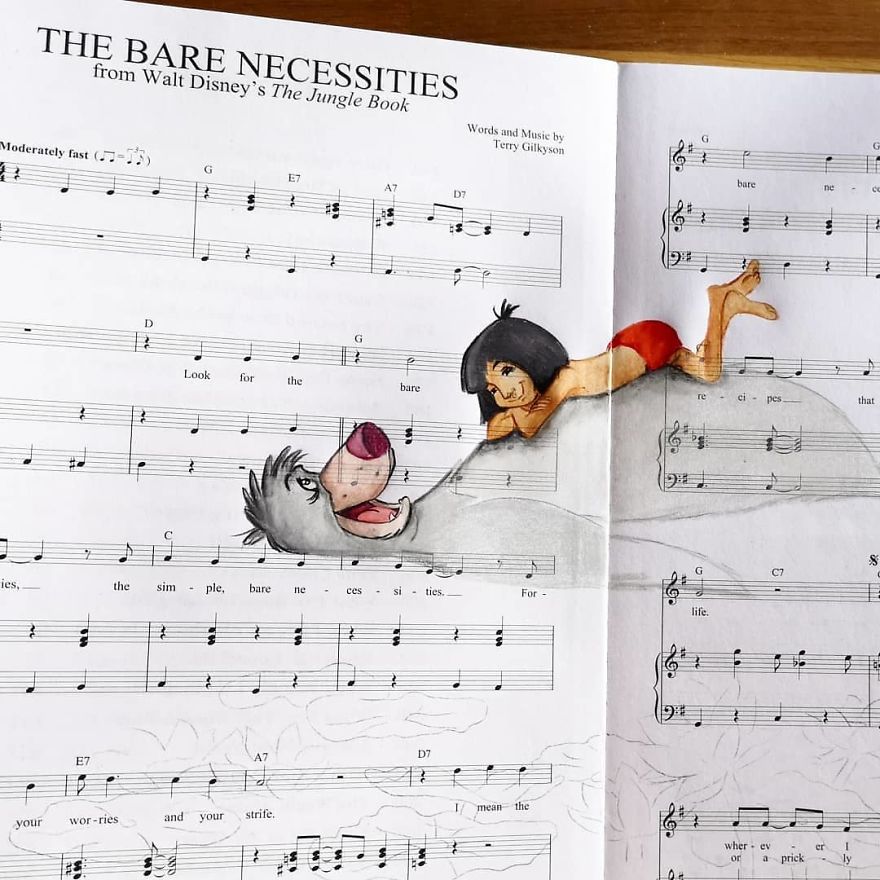 Artist Draws Disney Characters And Popular Singers On Sheet Music By Her Songs (New Pics)