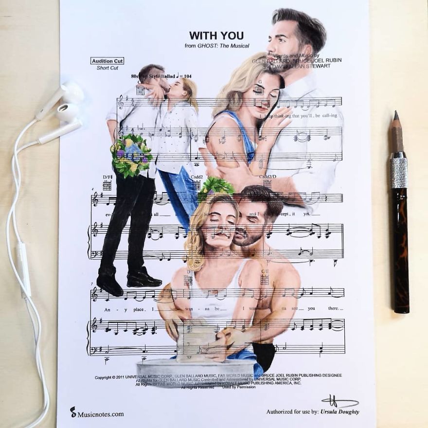 Artist Draws Disney Characters And Popular Singers On Sheet Music By Her Songs (New Pics)