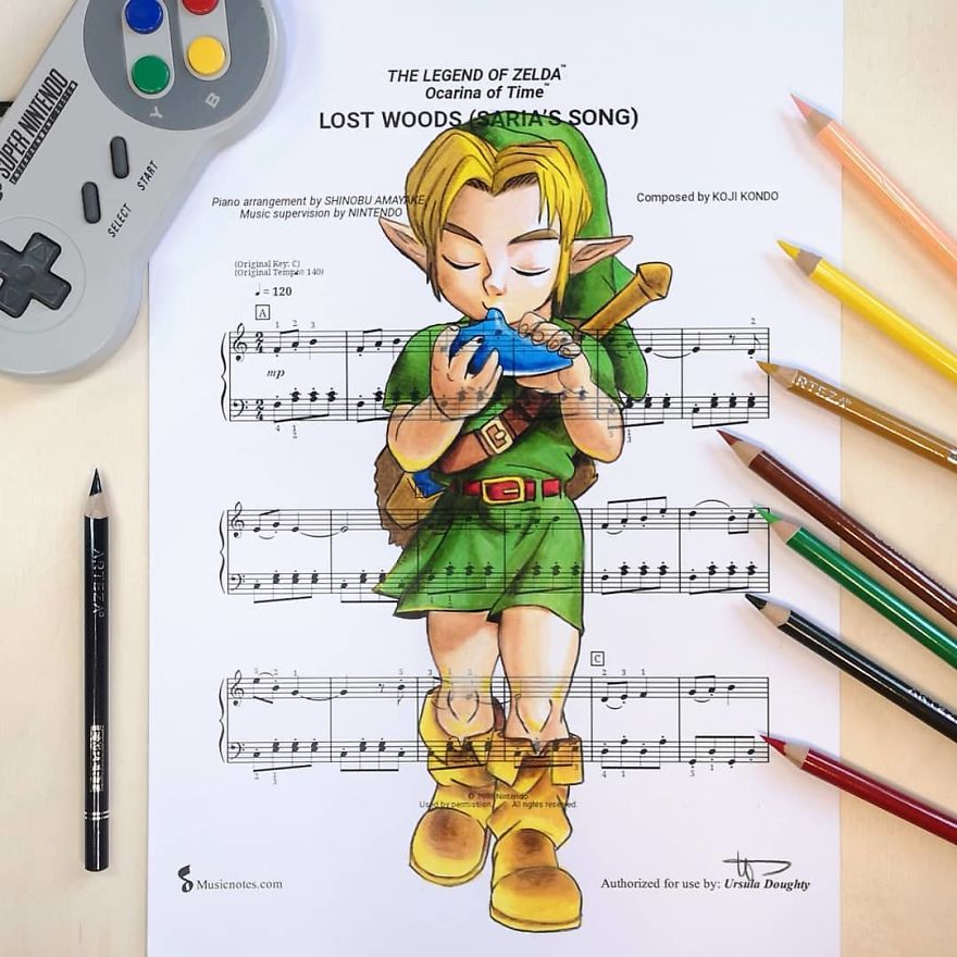 Artist Draws Disney Characters And Popular Singers On Sheet Music By Her Songs (New Pics)
