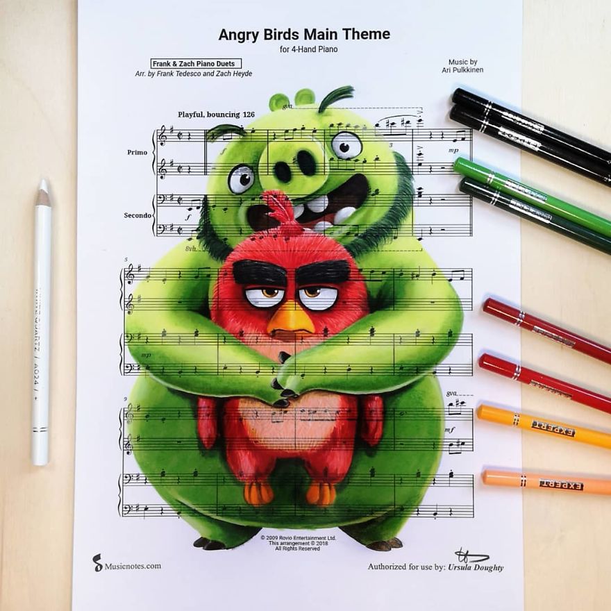 Artist Draws Disney Characters And Popular Singers On Sheet Music By Her Songs (New Pics)