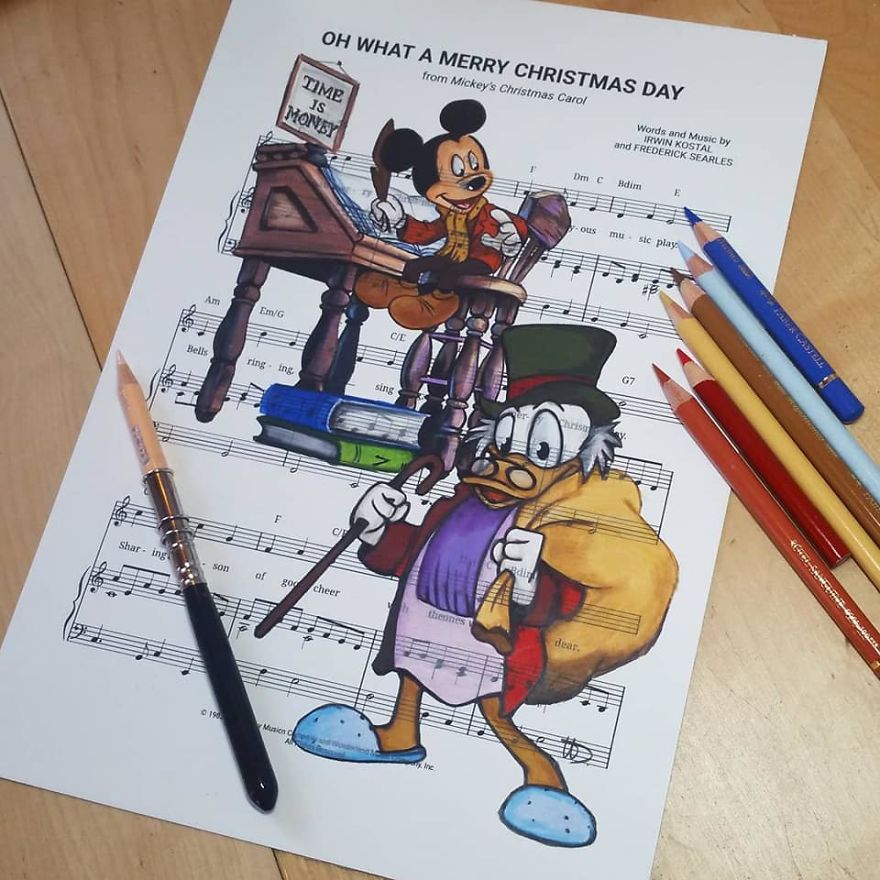 Artist Draws Disney Characters And Popular Singers On Sheet Music By Her Songs (New Pics)