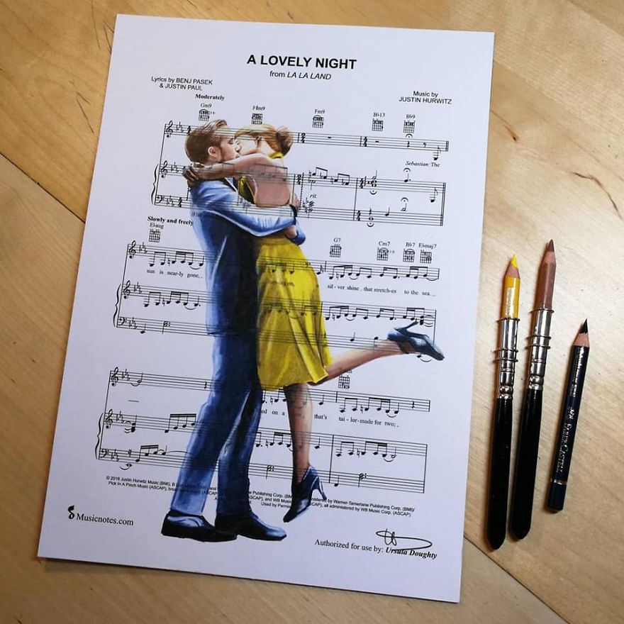 Artist Draws Disney Characters And Popular Singers On Sheet Music By Her Songs (New Pics)
