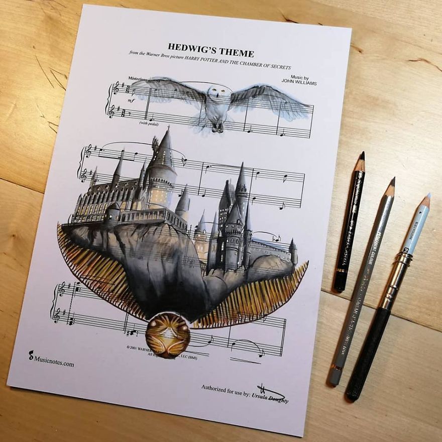 Artist Draws Disney Characters And Popular Singers On Sheet Music By Her Songs (New Pics)