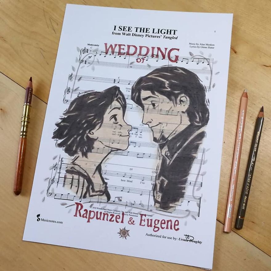 Artist Draws Disney Characters And Popular Singers On Sheet Music By Her Songs (New Pics)