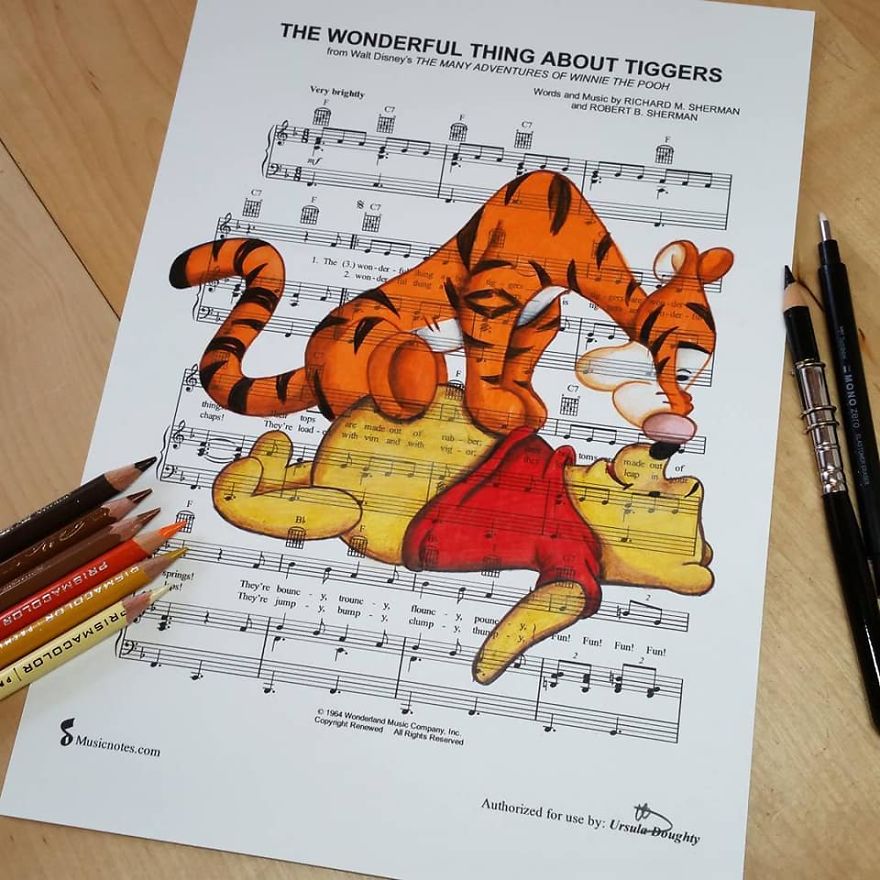 Artist Draws Disney Characters And Popular Singers On Sheet Music By Her Songs (New Pics)