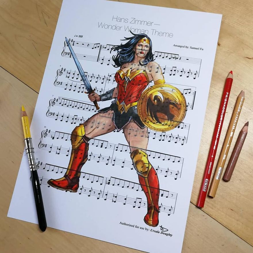 Artist Draws Disney Characters And Popular Singers On Sheet Music By Her Songs (New Pics)