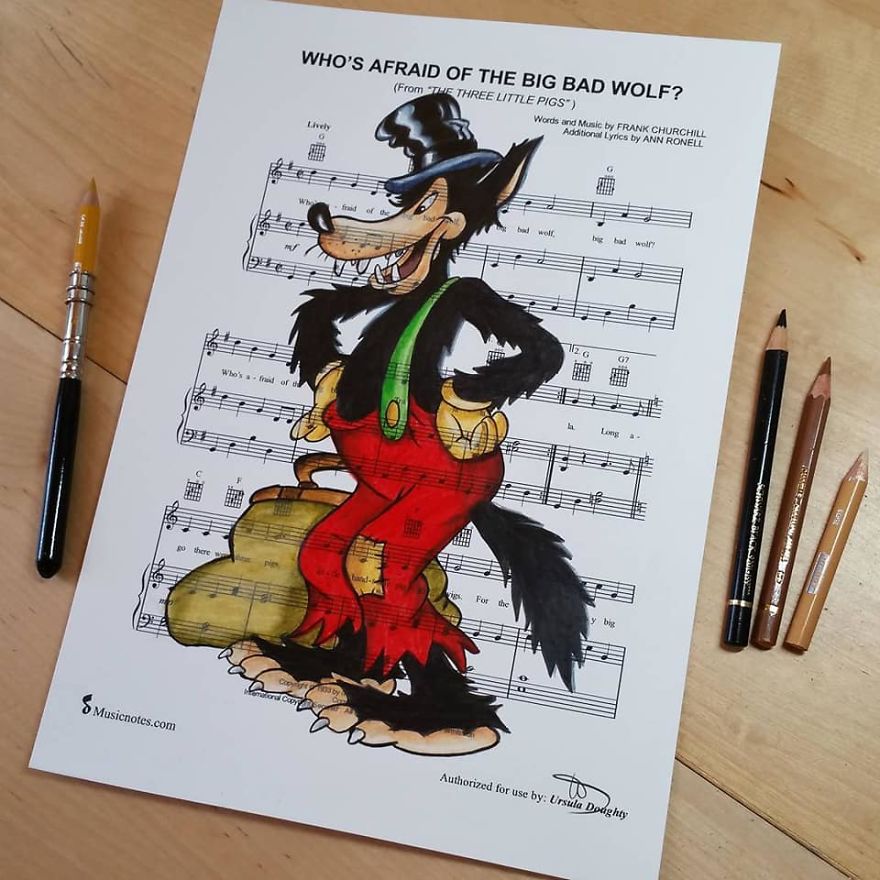 Artist Draws Disney Characters And Popular Singers On Sheet Music By Her Songs (New Pics)