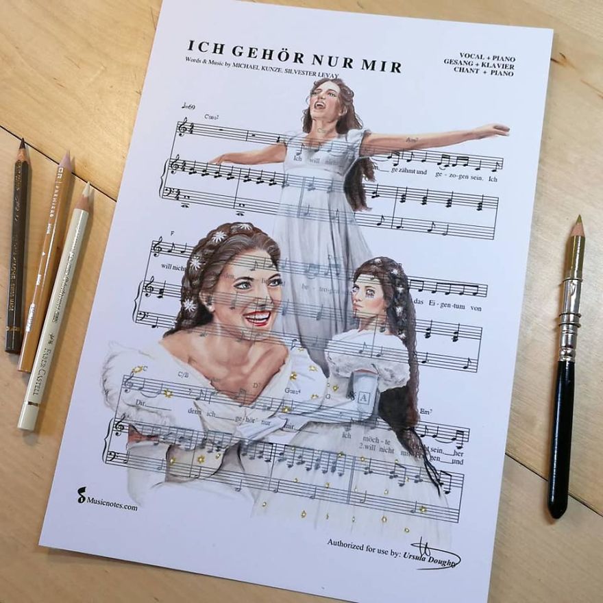 Artist Draws Disney Characters And Popular Singers On Sheet Music By Her Songs (New Pics)