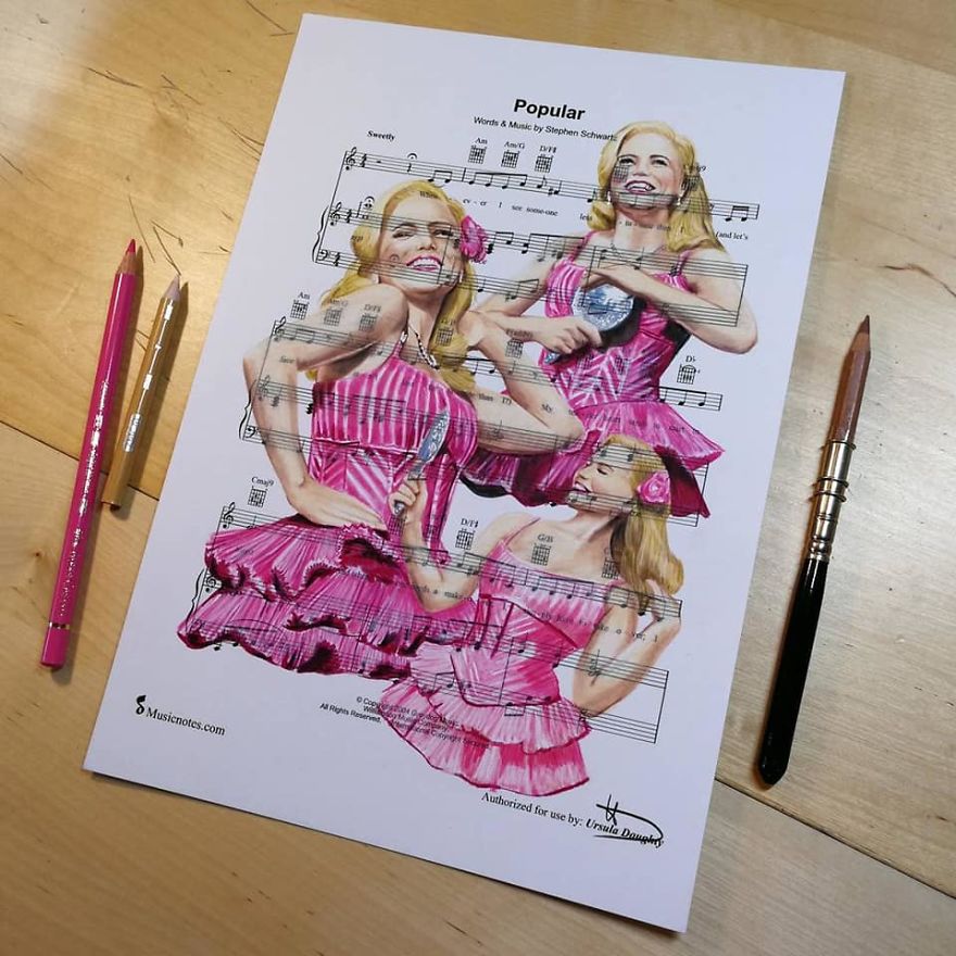 Artist Draws Disney Characters And Popular Singers On Sheet Music By Her Songs (New Pics)